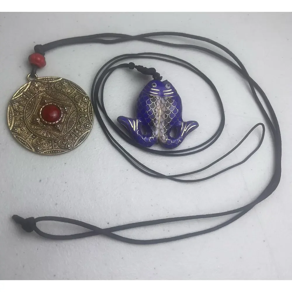 Cloisonne Twin Fish Pendant Medallion Red Stone Blue Gold Enamel Tribal Necklace